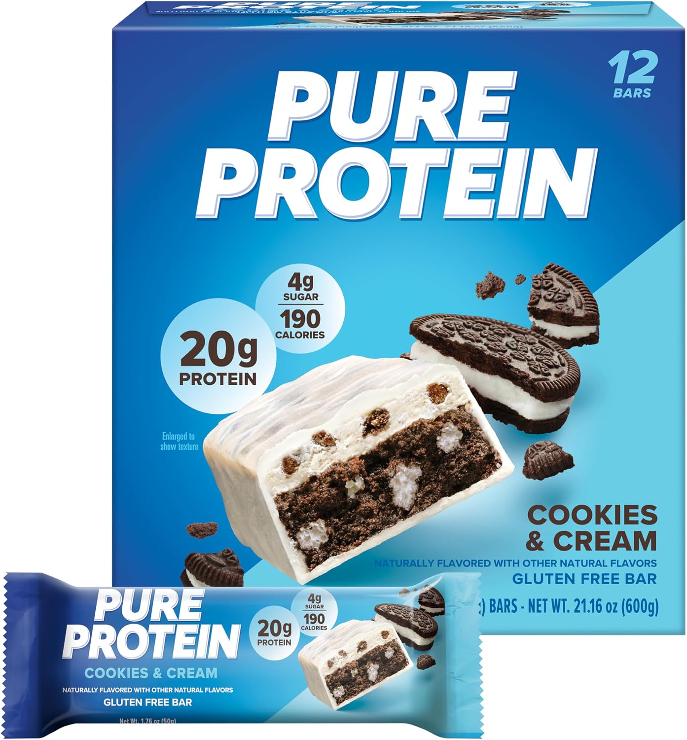 Pure Protein Bars, High Protein, Nutritious Snacks to Support Energy, Low Sugar, Gluten-free, Cookies and Cream, 1.76oz, 12 Pack