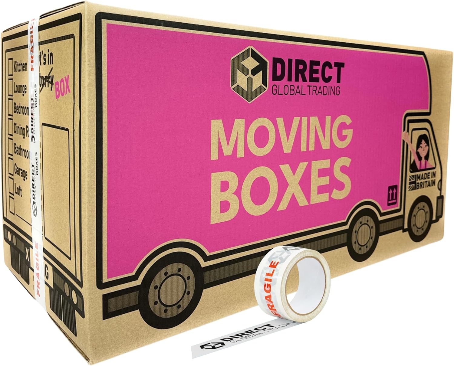 10 Strong Extra Long Large Cardboard Storage Packing Moving House Boxes Double Walled with Room List Quality 66 Metre Roll of Fragile Tape 76cm x 36.5cm x 38cm