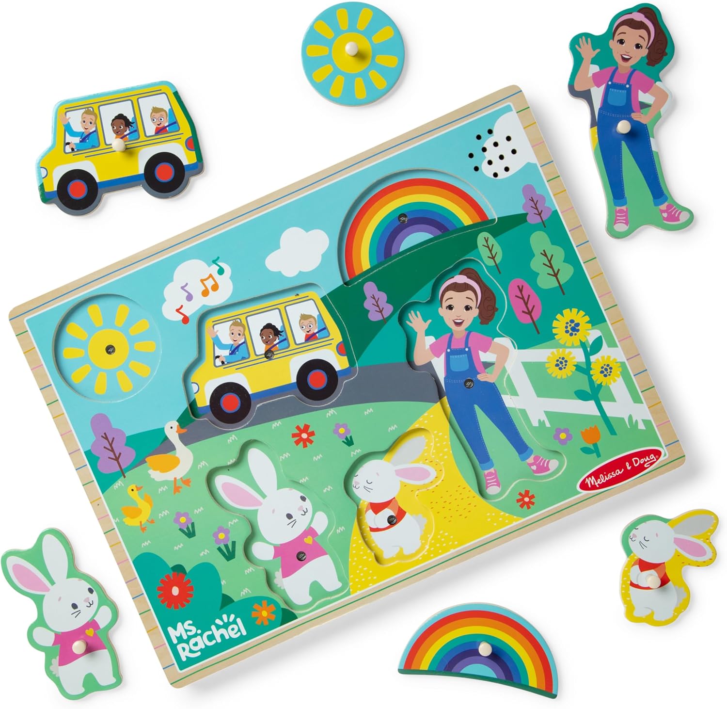 Melissa & Doug Ms. Rachel Wooden Song Peg Puzzle, Light Activated, 6-Piece with Full Songs, Toddler Toys for Boys and Girls Ages 2-5+ Years - FSC Certified