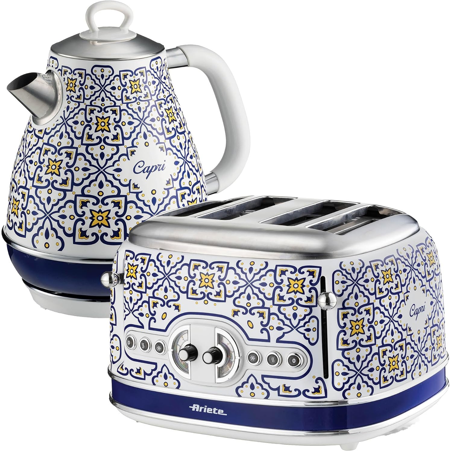 Ariete Capri ARPK54 4-Slice Toaster & Kettle Bundle, 6 Browning Levels, Defrost & Reheat, Removable Crumb Tray, 1.7L Kettle with 360° Base, Water Level Indicator