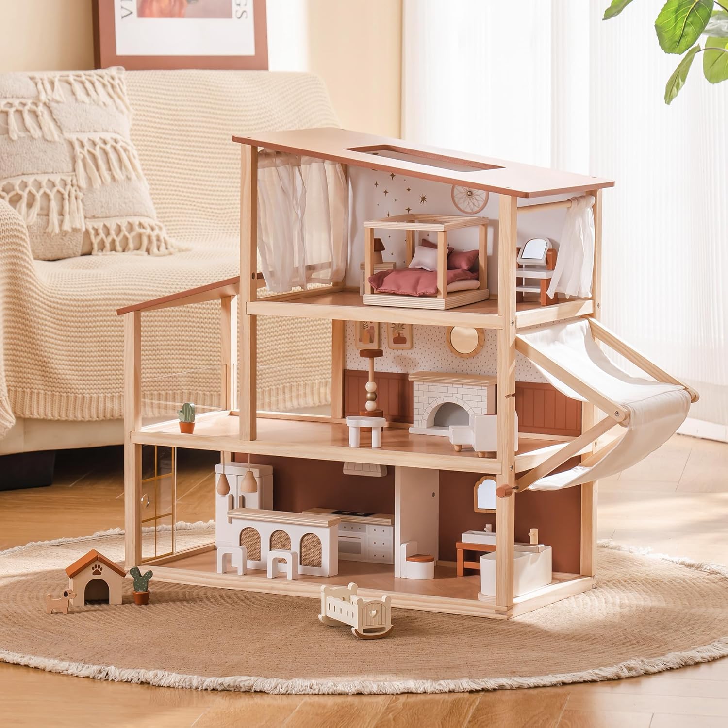 ROBOTIME Wooden Doll House, Bohemian Dollhouse with Furniture and Accessories, 3-Level Playhouse with Adjustable Tent and Rattan Elements, Brown Khaki Style, Imaginative Gift for Toddler Aged 3+