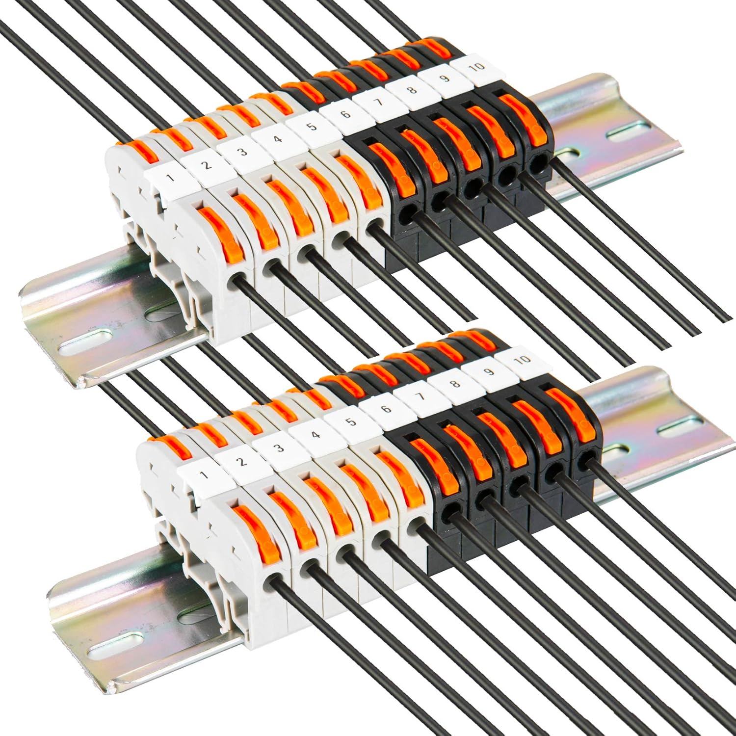 DIN Rail Terminal Blocks Kit, with 20pcs Universal Compact Connectors, 2pcs Connection Bar, 2pcs Marker Strip, 2pcs DIN Rail Terminal End Block, 20pcs Screws, with Transparent Storage Box, 28-12 AWG