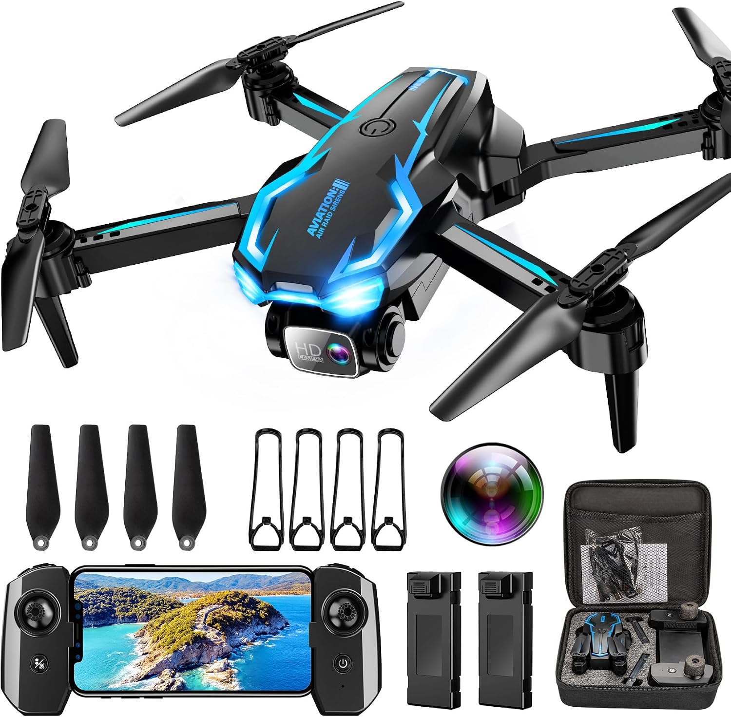 2K HD FPV Drone with Camera for Adults - Altitude Hold, One-Key Takeoff/Landing, 3 Speed Modes, Headless Mode, 2 Batteries, Foldable & Portable, Best Gifts for Beginners, Teen Boys & Girls