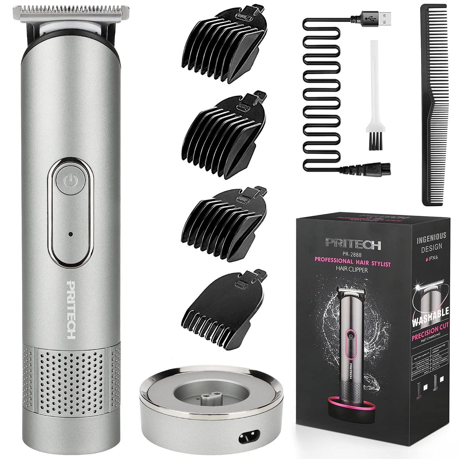 PRITECH Beard Trimmer for Men - Rechargeable Men's Electric Trimmer & Razor, Cordless Body Groomer for Face, Neck, Groin & Manscaping, Includes Standing Charging Dock, Ideal Gift for Men, Gray