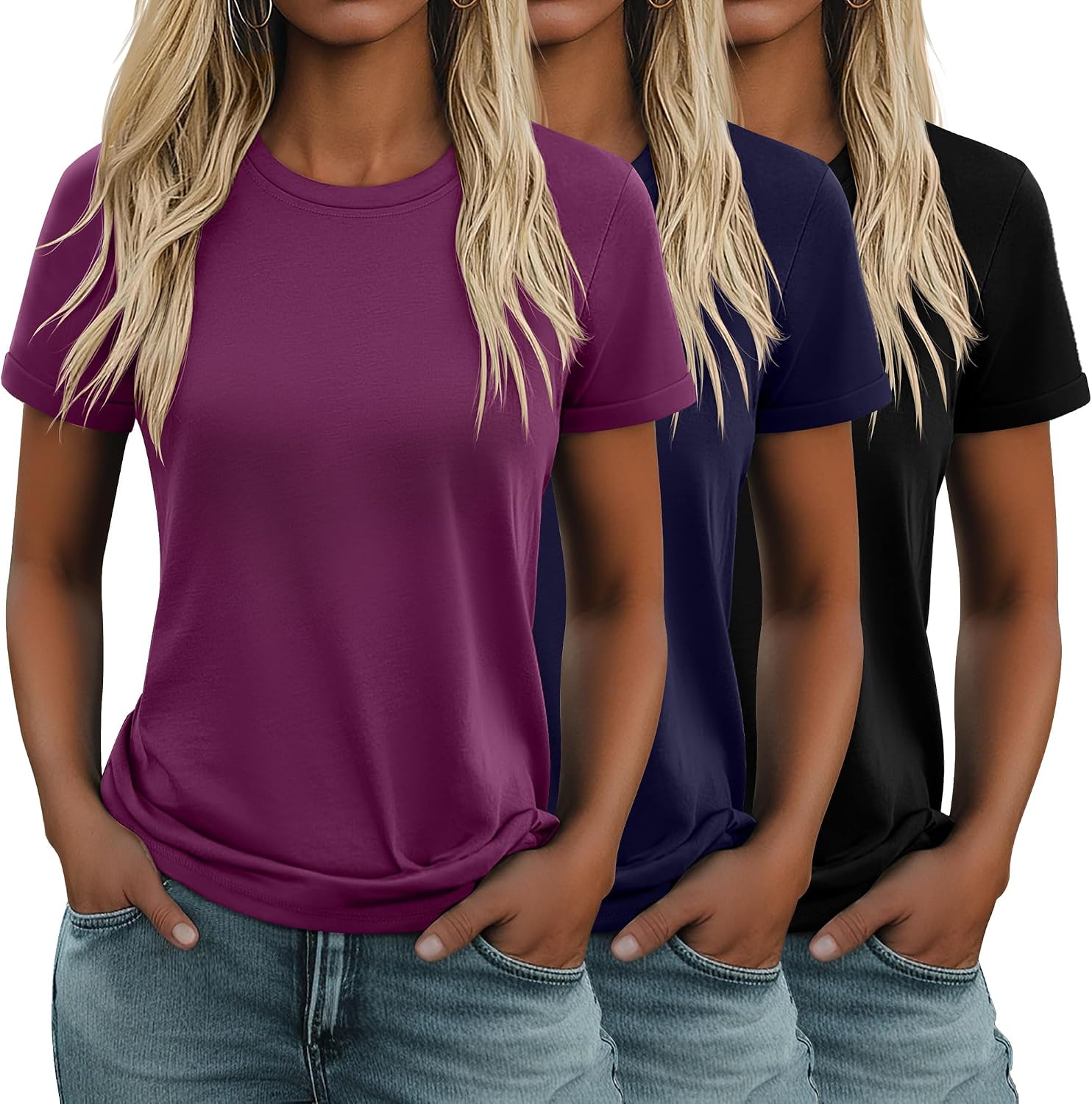 Geyoga 3 Pack Women's Cotton T Shirts Casual Short Sleeve Tunic Tops Crewneck Summer Loose Fit Plain Basic Tee