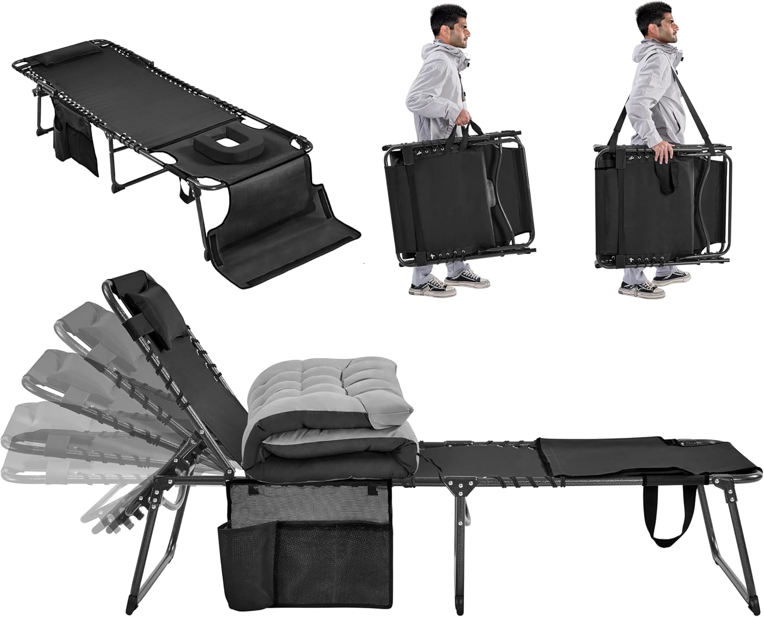 Yaheetech Outdoor Folding Tanning Chair, Portable Tanning Lounger with Removable Padded Cushion and Face Hole, 5-Position Adjustable Chaise Lounge Chairs, for Patio, Beach, Lawn, Black