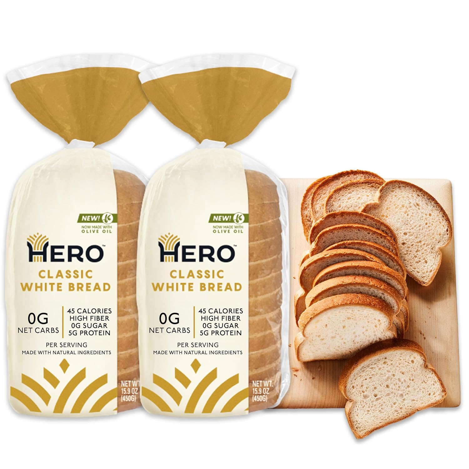 Hero Bread™ Classic White Bread — 0g Net Carb, 0g Sugar, 45 Calories, 10g Fiber per Slice | Low Net Carb Bread Loaf —15 Slices/Loaf, 2 Loaves