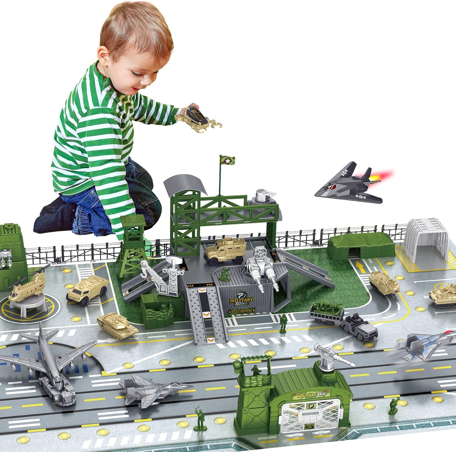 deAO Military Base Set, Army Men Playset with Military Vehicle,Weapon Gear Accessories,Vehicles Accessories and Play Map ,Great Army Toys for 3 4 5 Year Old Boys Girls Kids