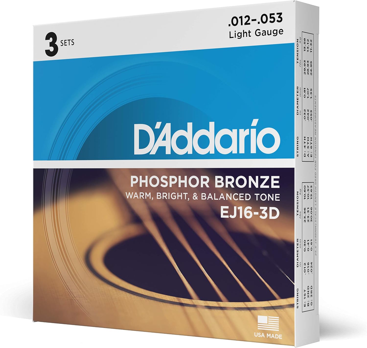 D'Addario EJ16-3D Phosphor Bronze Acoustic Guitar Strings 12-53, 3 Sets