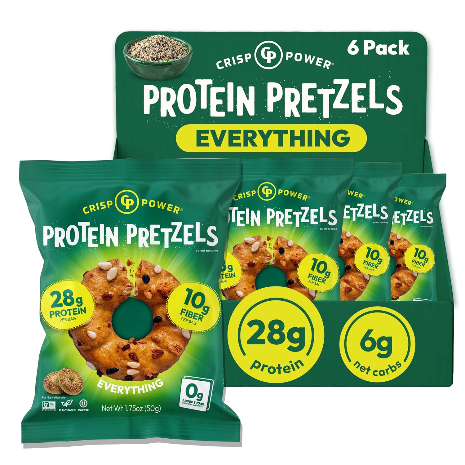 Crisp Power Everything Protein Pretzels, High Protein Snack, 6 Pack