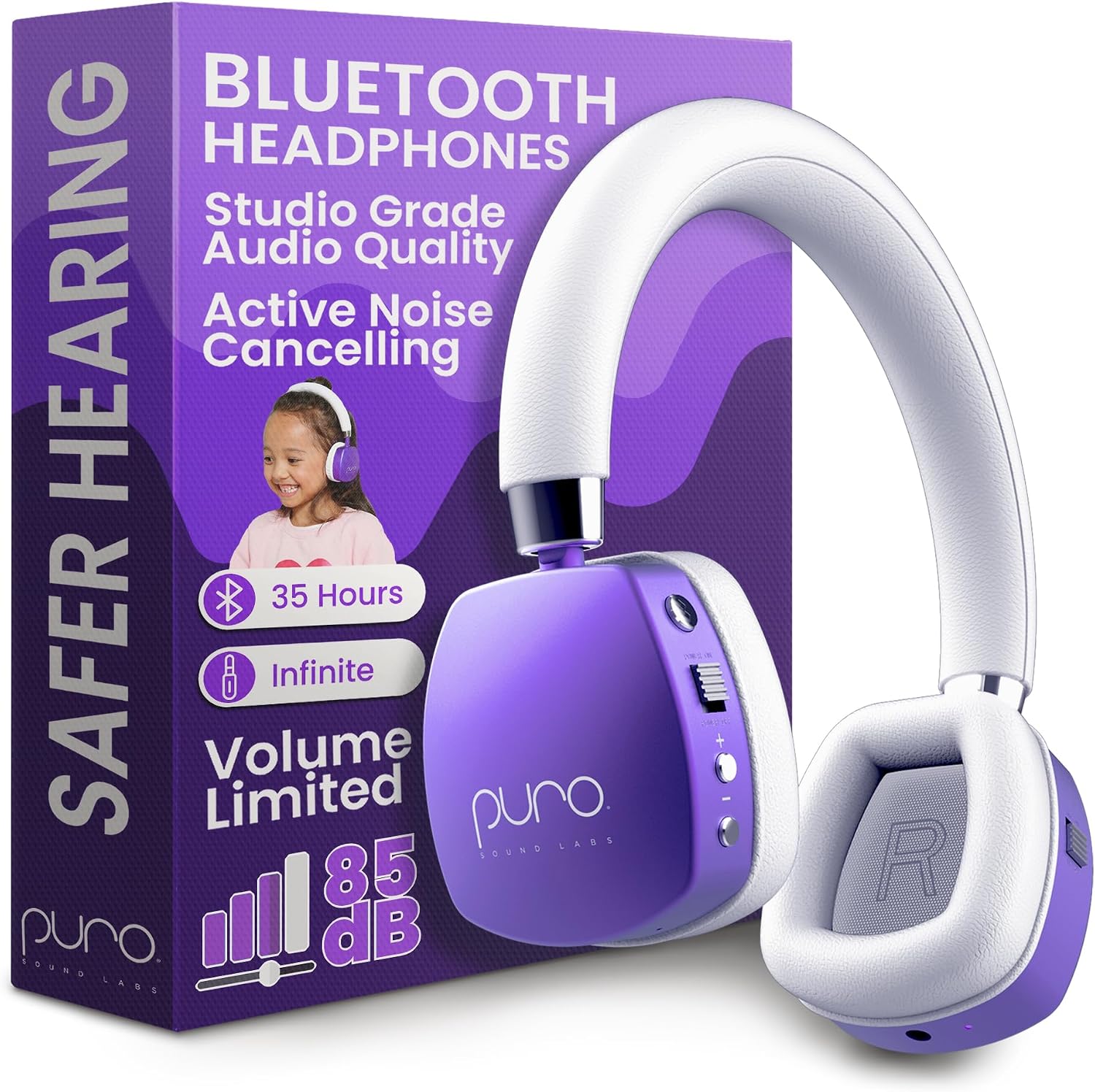 Puro Sound Labs PuroQuiet Plus Volume Limited On-Ear Active Noise Cancelling Bluetooth Headphones for Kids with Built-in Microphone–Safer Sound Studio-Grade Quality (Purple)
