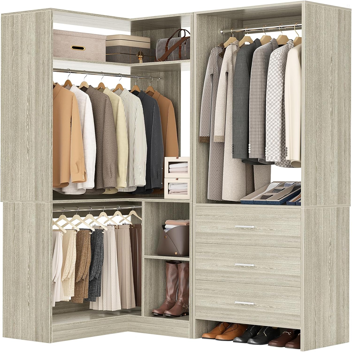 Aheaplus Closet System with 3 Drawers, 2 Hanging Rods & Corner Tower, Corner Closet System with Hanging, L-Shaped Walk-In Wardrobe Organizer, 1300+ lbs Capacity, Set of 2, White Oak