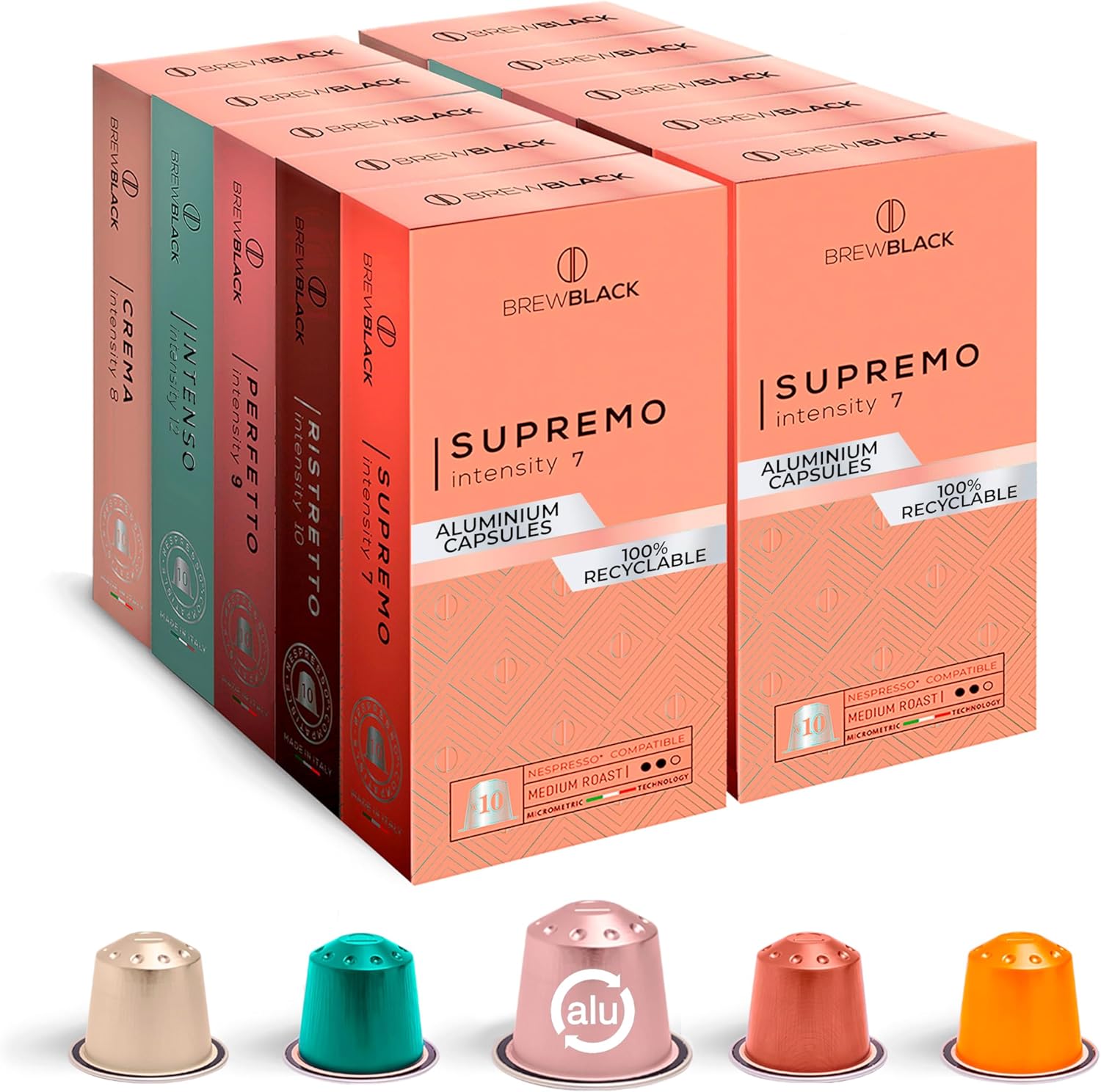 BrewBlack Variety Pack - 100 Aluminium Coffee Pods Compatible with Nespresso Original line - Medium & Dark Roast Coffee Capsules Made in Italy