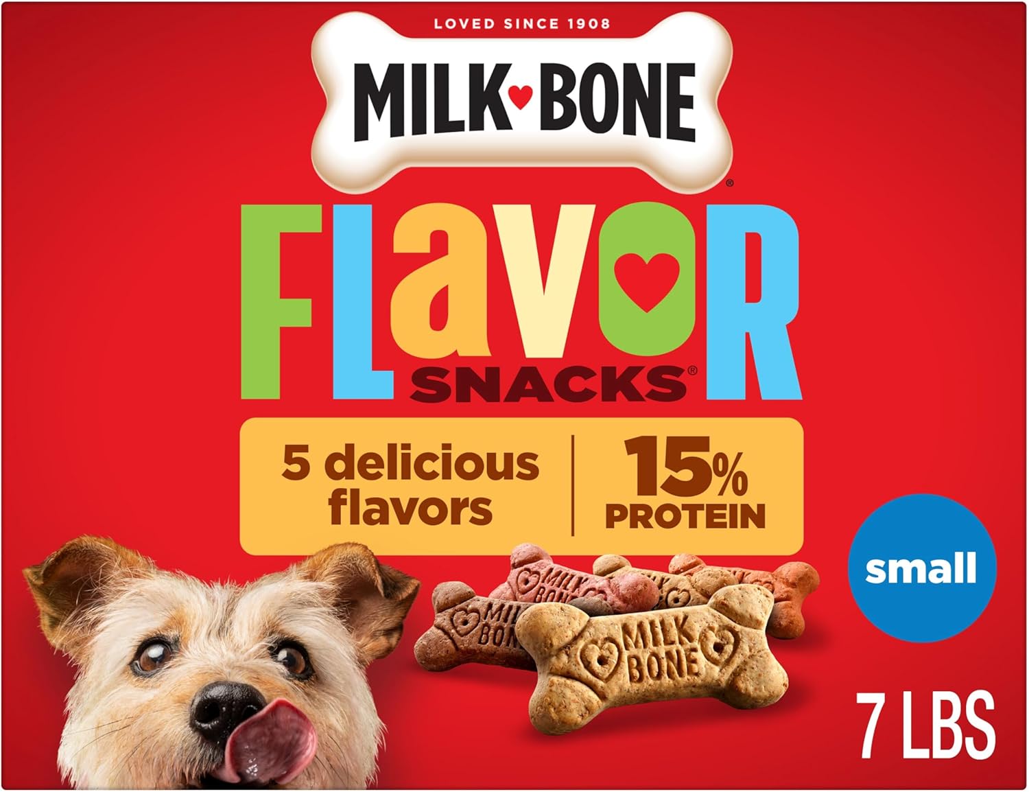 Milk-Bone Flavor Snacks Small Dog Biscuits, 7 lb Box | 5 meaty flavors with other natural flavors, crunchy small dog treats, 15% protein, 12 vitamins & minerals, made in the USA