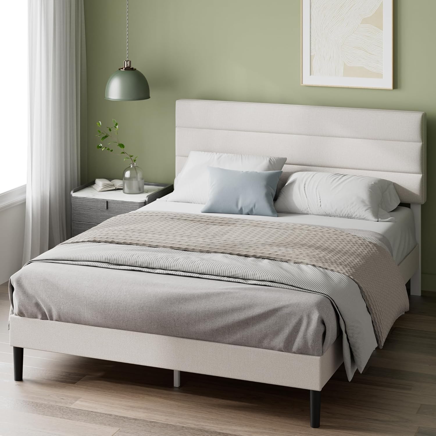 ZINUS Piper Double Bed Frame with Headboard - 4ft6 (135 x 190 cm) - 11.8'' Height - Upholstered Bed Base - Wooden Slat Support - Easy Assembly - Off White