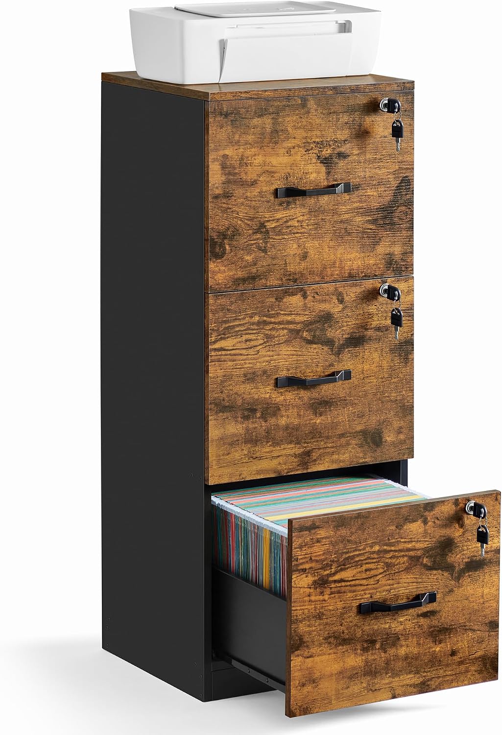 VASAGLE 3 Drawer File Cabinet, File Cabinet with Lock, Printer Stand, Office Filing Cabinet Organizer, for A4 and Letter Size Files, Rustic Brown and Black UOFC055B01