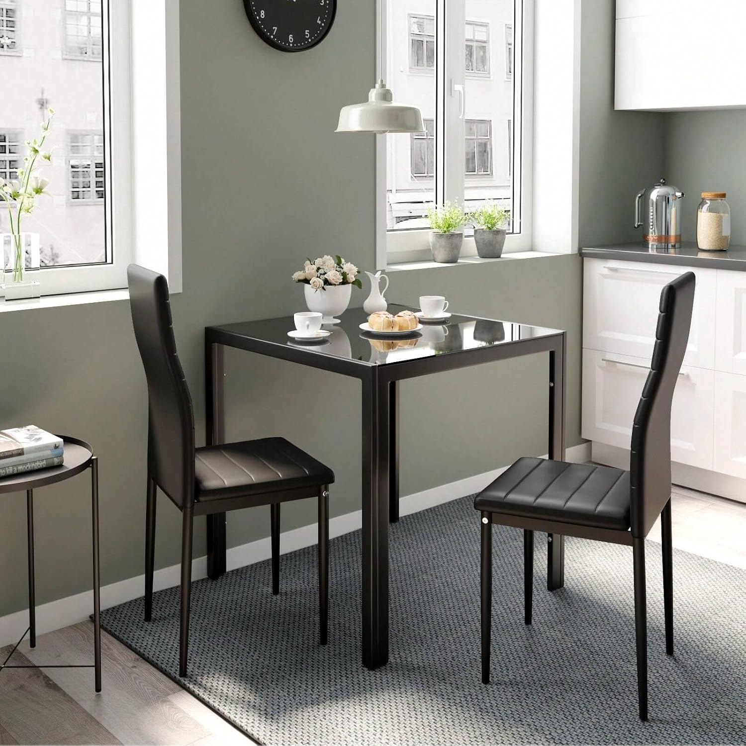 Jooli Glass Table and Chairs Set 2, 75cm Square Table with 2 Faux Leather High Back Chairs Modern Dining Room Sets for Home Kitchen Office, Black