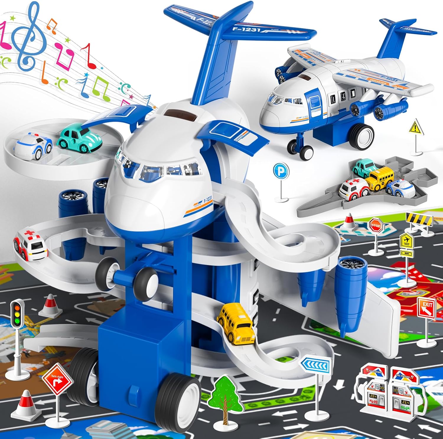 Airplane Toys with Toy Car Track Set, Airplane Toys for 2+ Year Old, Garage Parking Lot Playset with 14 Road Signs 4 Inertial Cars 1 Map, Toddler Boy Toy Birthday Gift for 2 3 4 5 6 Years Old