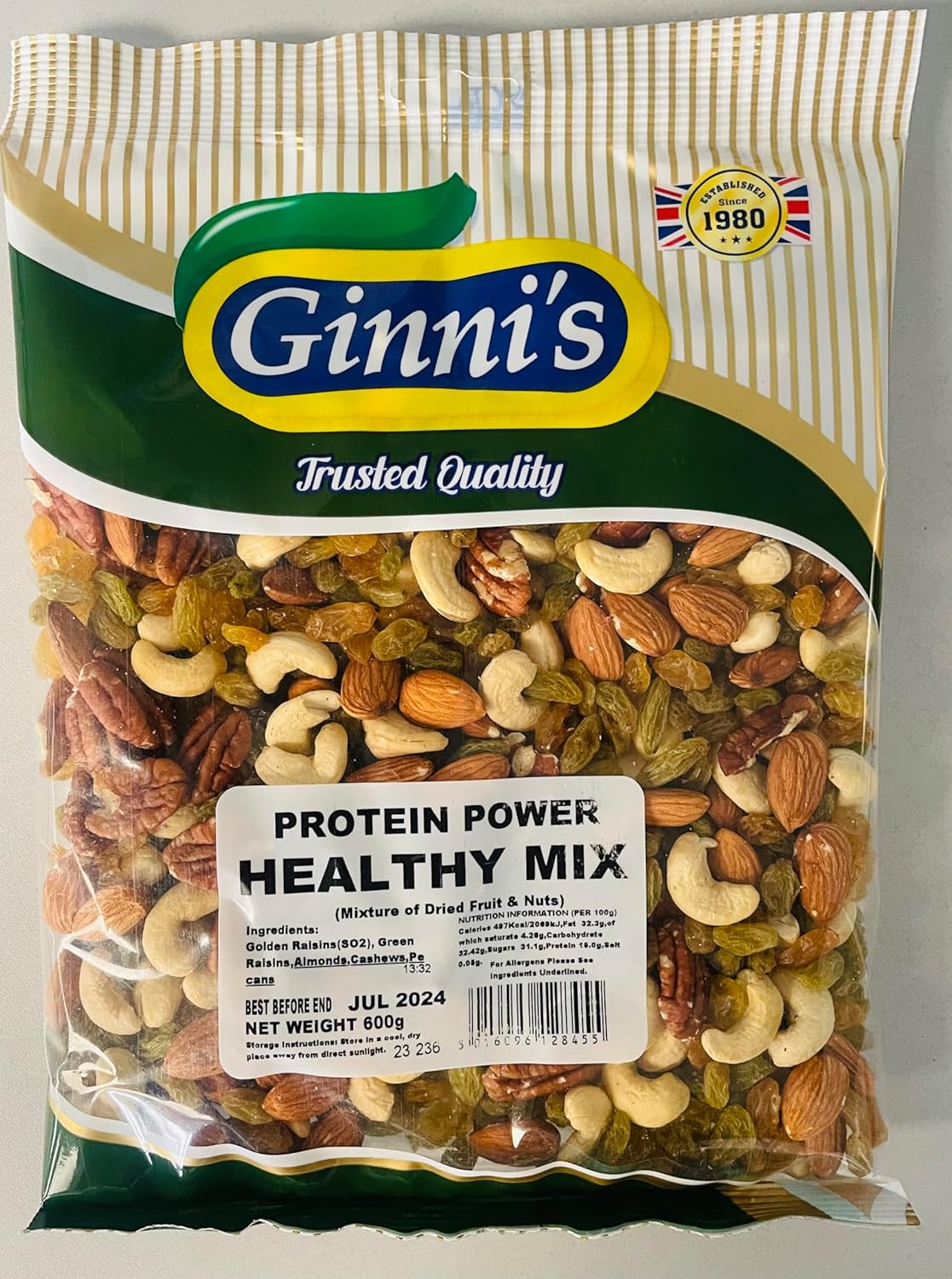 Ginni's Premium Dried Fruit and Nuts Mix 1.2kg, Nuts & Raisins Trail Mix - Suitable for Vegetarian Diets, Healthy Mix (2 x 600g)