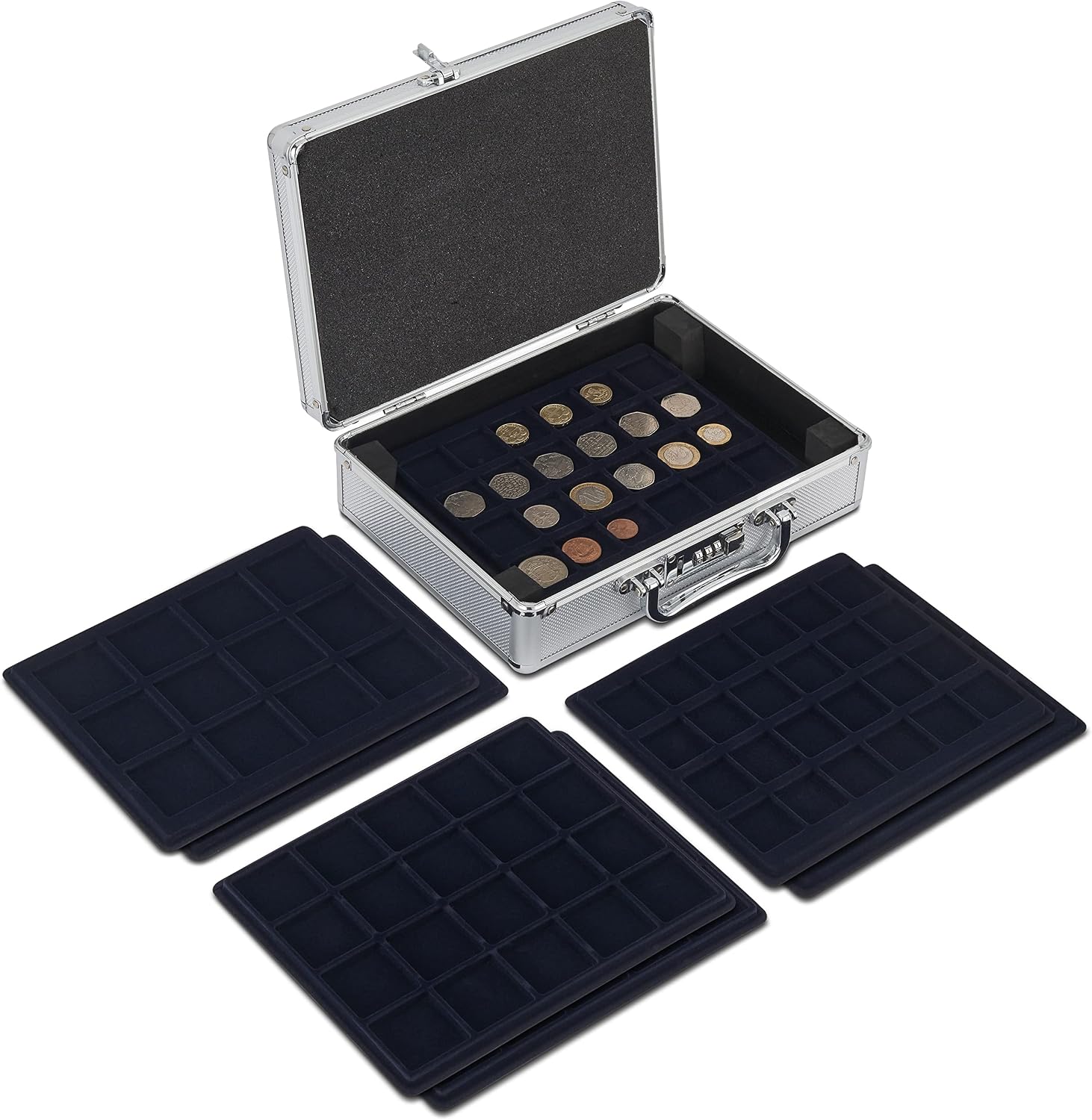MATANA - Premium Aluminium Lockable Coin Collectors Gift Storage Case with 6 Trays - Over 100 Precious Coin Organiser Storage Box with Fabric Lined Trays