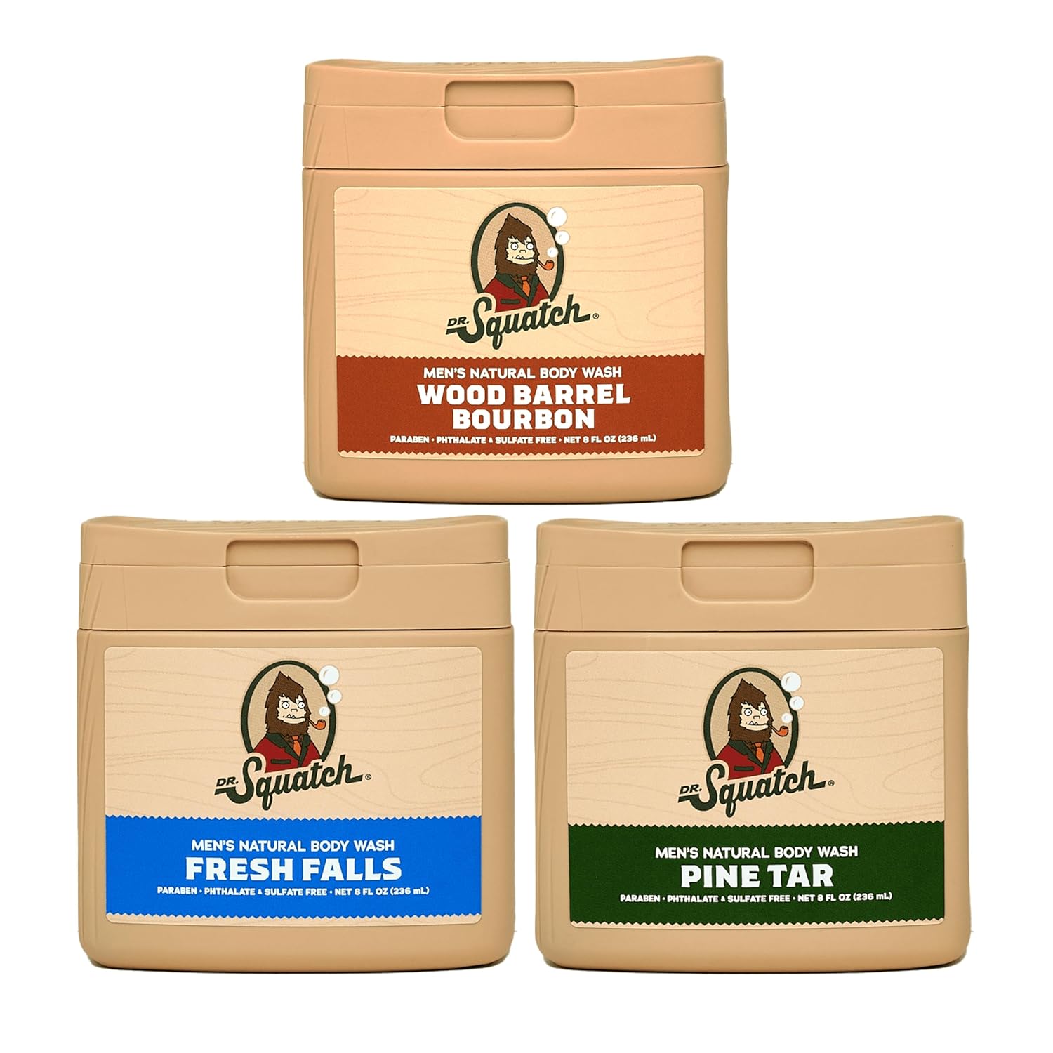 Dr. Squatch NEW Natural Body Wash for Men - Non-Exfoliating - Pine Tar + Wood Barrel Bourbon + Fresh Falls (8 oz, 3 Pack)