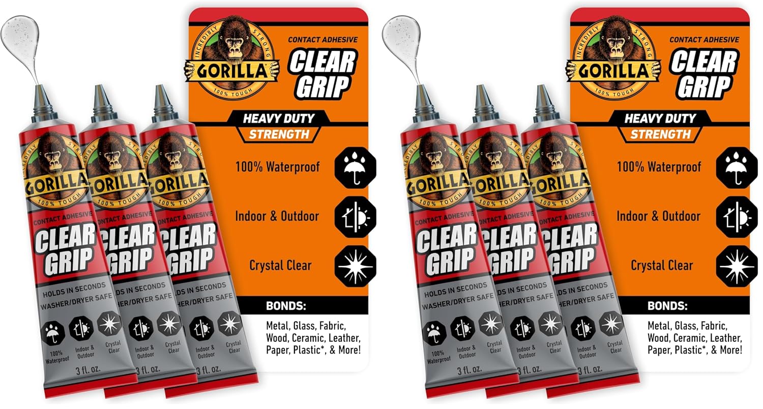 Gorilla Clear Grip Waterproof Contact Adhesive; Fast-Setting; Waterproof; Flexible; Permanent Bond; 3 Ounce Tube; Crystal Clear (Pack of 6)