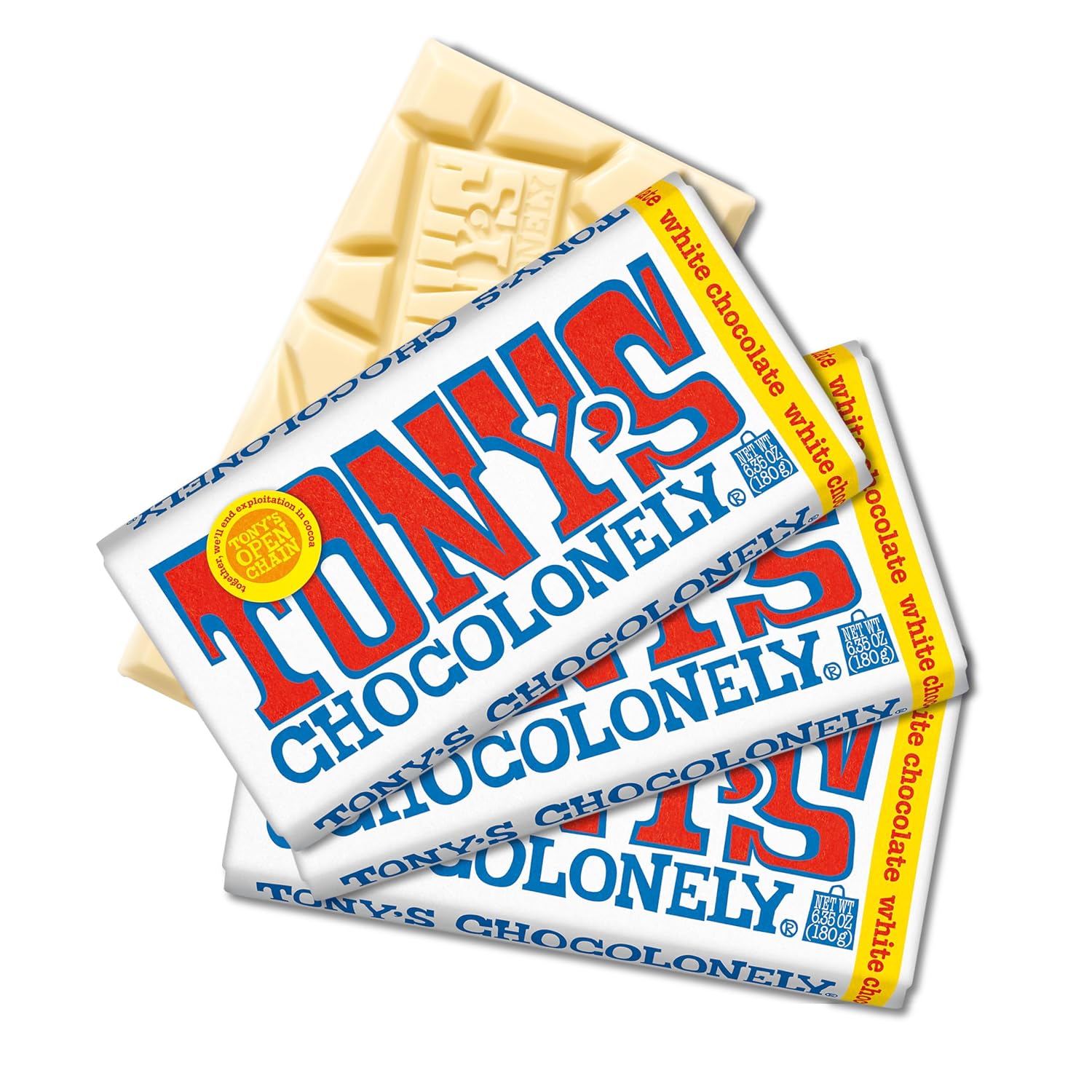 Tony’s Chocolonely Belgian White Chocolate Candy Bar, Pure Chocolate Bars for Snacks, Party Favors, Gifts, Baking, or Gift Basket, Made From Quality Fairtrade Cocoa, 4 Bars, 6.35 Oz Each