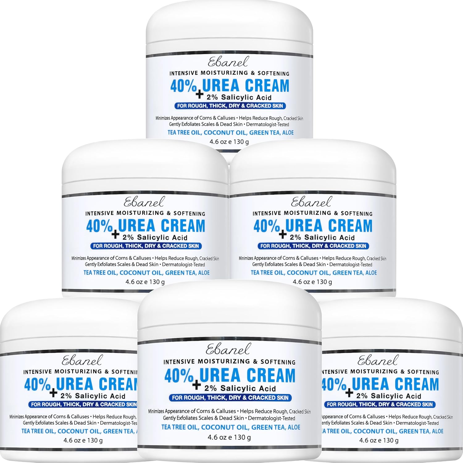 Ebanel Urea Cream 40% plus Salicylic Acid 2%, Foot Cream for Dry Cracked Heels Feet Knees Elbows Hands, Foot Dead Skin Cuticle Callus Remover Toenail Softener, Keratolytic Skin Barrier Repair, 6-Pack