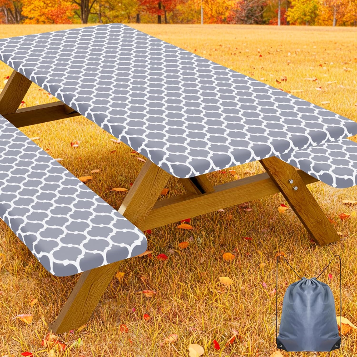 Smiry Picnic Table Cover with Bench Covers, Waterproof Elastic Fitted Tablecloth for 6 Foot Tables, Washable Polyester Tablecloths for Camping, Indoor & Outdoor (Grey, 30x72 Inch 3-pc Set)