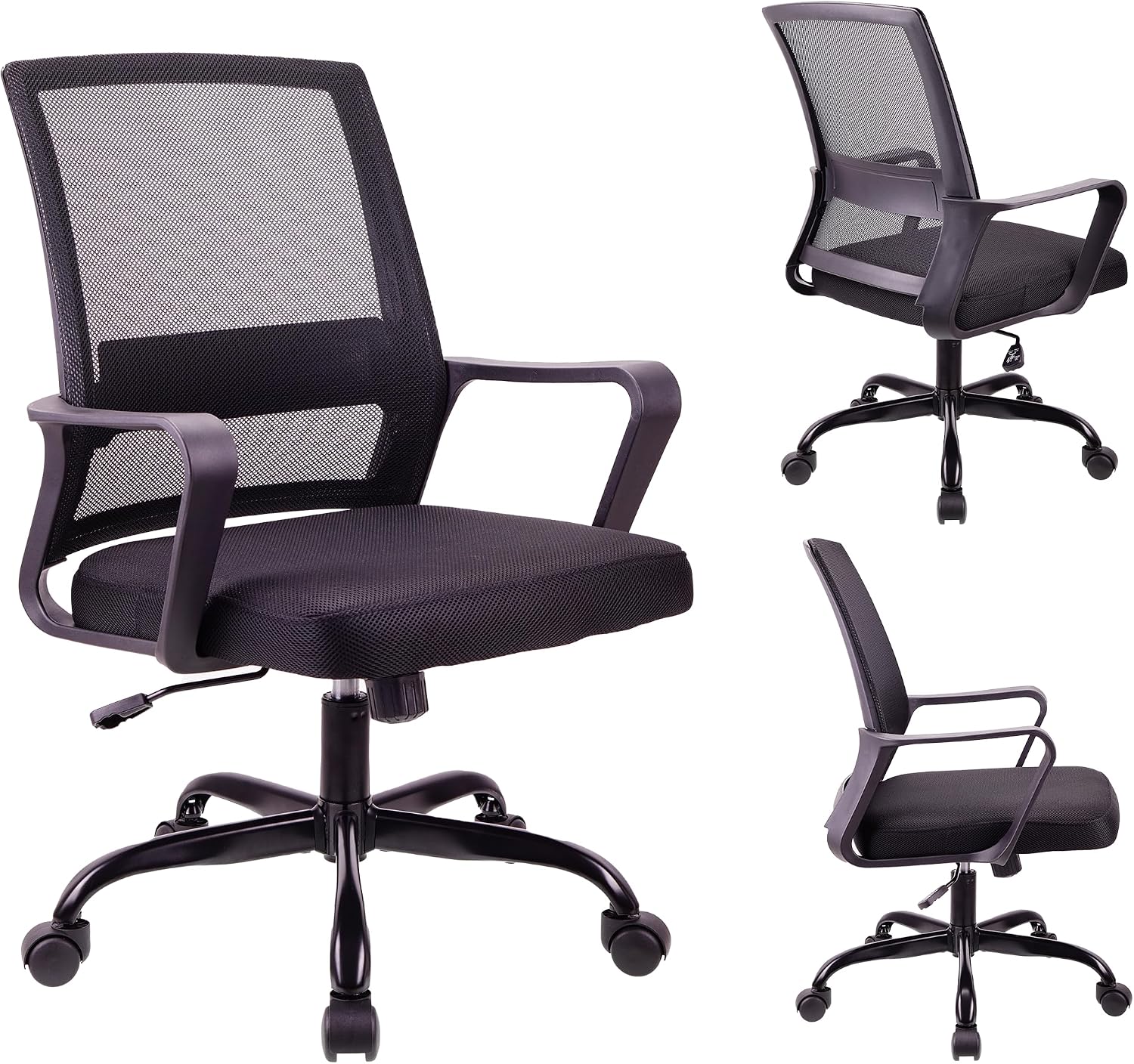 T-THREE.Adjustable office chair, ergonomic mesh swivel seat, with lumbar support, height adjustment, 360° rotation, and tilt function, mesh backrest for home office(Black)