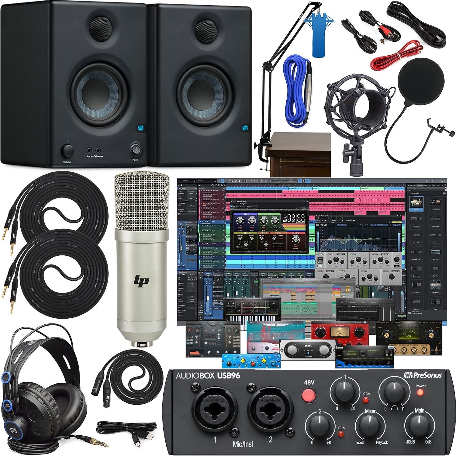 Presonus AudioBox 96 Studio Audio Interface with Creative Software Kit and Studio Bundle and Eris E3.5 Pair Studio Monitors and Adjustable Boom Arm Kit + HD7 Headphones
