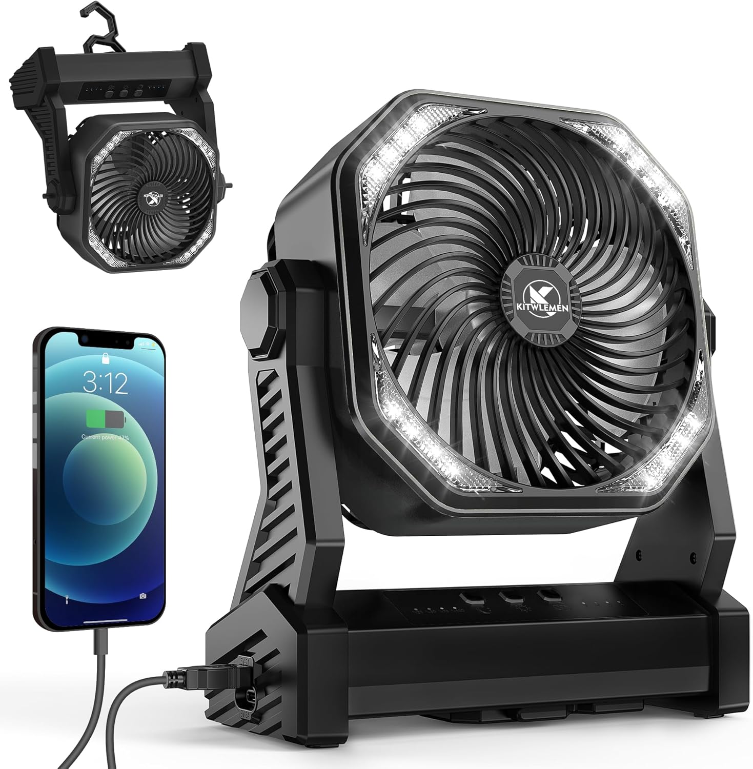 Camping Fan with LED Lantern, 20000mAh Rechargeable Battery Operated Outdoor Tent Fan with Light & Hook, 270° Pivot, 4 Speeds, Personal USB Desk Fan for Camping, Power Outage, Hurricane(Black)…