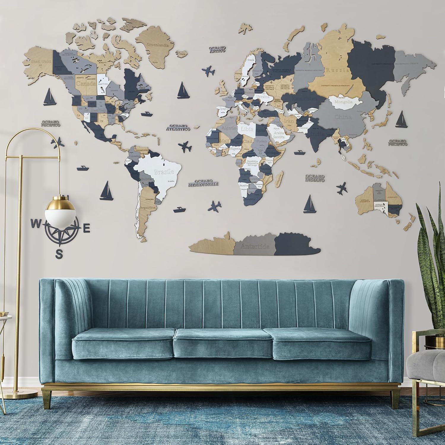 Mappa del mondo in legno (in Italiano) - Decorazione murale in 3D - Dimensioni della mappa (M, L, XL) - Arte da parete per la casa (ALASKA, M (120 x 62 cm)