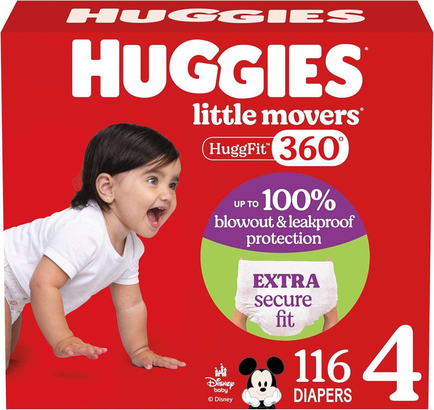 Huggies Size 4 Baby Diapers, Little Movers HuggFit 360° Baby Diapers with 360° Waistband, Size 4 (22-37 lbs), 116 Count, Packaging May Vary