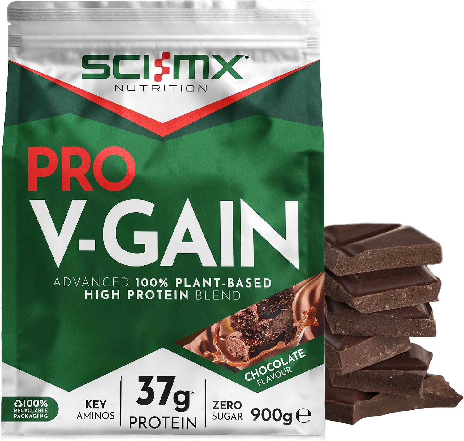 SCI-MX Pro-V Gain - 100% Vegan Protein Powder - Soy, Pea + Rice for Muscle Growth - Chocolate Flavour - B12 + Magnesium - Sugar Free, Non-GMO - 900g (20 Servings) 37g of Protein Per Serving