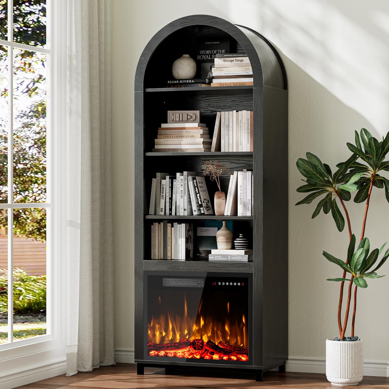 2-in-1 Arched Cabinet with Electric Fireplace–Black Bookcase, Open Book Shelf for Living Room, 71” Tall Wooden Display Cabinet, Kitchen Pantry, Adjustable Shelves, 23'' ETL-Certified Fireplace Insert