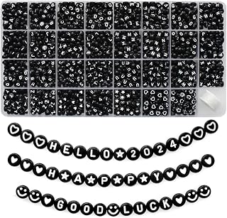 Amaney 1600pcs Black Letter Beads 4x7mm Round Acrylic Alphabet A-Z Number Star Smiley Beads and Heart Pattern for Jewelry Making