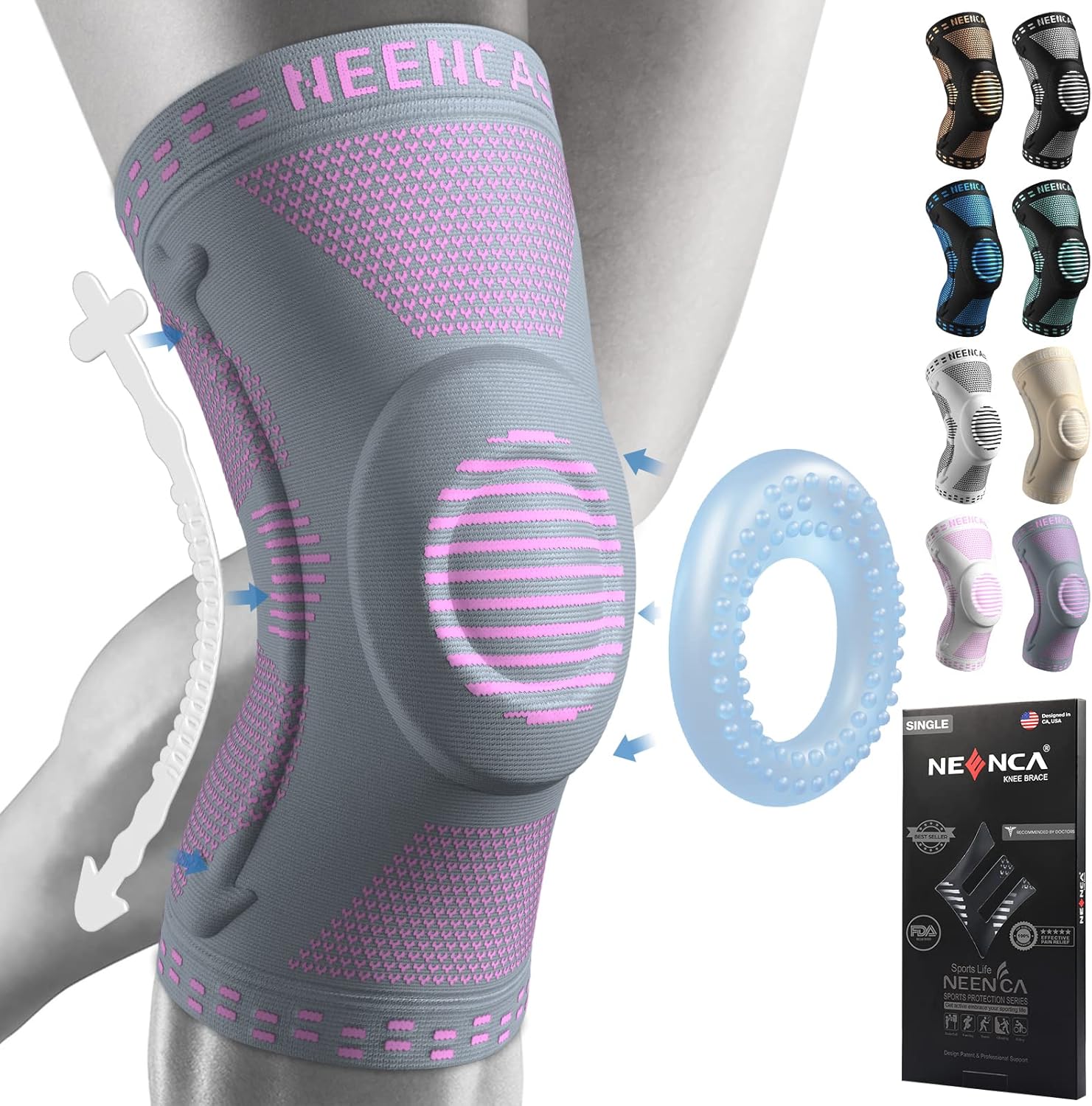 NEENCA Professional Knee Brace for Pain Relief, Medical Knee Support with Patella Pad & Side Stabilizers, Compression Knee Sleeve for Meniscus Tear, ACL, Joint Pain, Runner, Workout (Pink Gray, S)