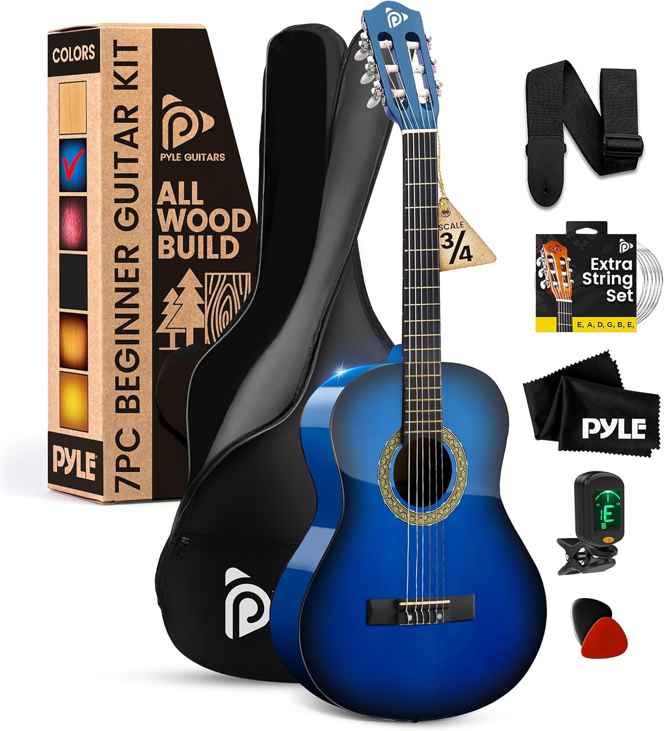 Pyle 3/4 Acoustic Guitar Kit, Blue, Acoustic Guitar, Beginner Guitar Kit, Right-Handed