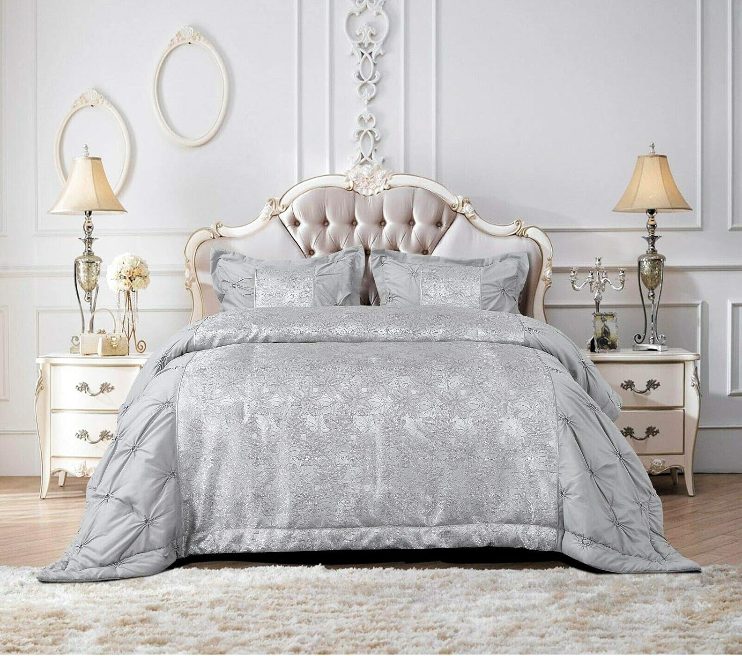 Textiles/Home 3 Pieces Jacquard Quilted Luxury Bedspread Pin Tuck Comforter with Pillow Sham (Super King, Silver)