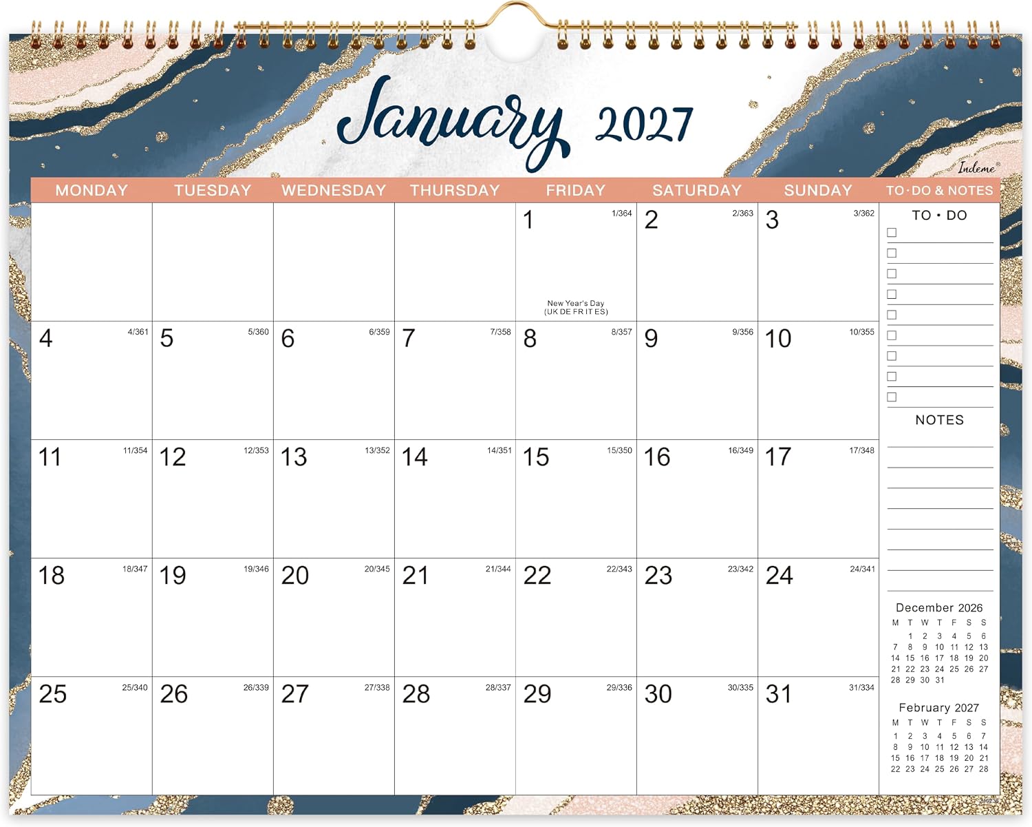 2027 Calendar - Wall Calendar 2027 from January 2027 to December 2027 | Month to View Calendar, Twin-Wire Binding, Hanging Hook - Navy Blue and Pink, 37.6 x 29 cm