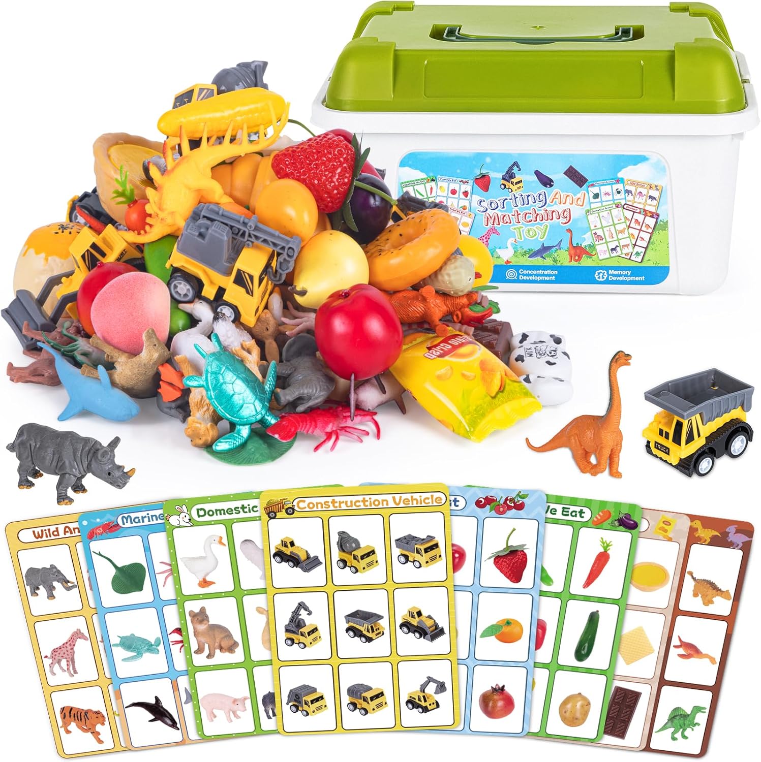 FNYUN 72 PCS Sorting Toy for Toddlers, Preschool Learning Activities, Animals Dinosaurs Fishes Farm Vehicles Fruits Vegetables Foods Playset, Fine Motor Montessori Games Gifts for Year Old Kids