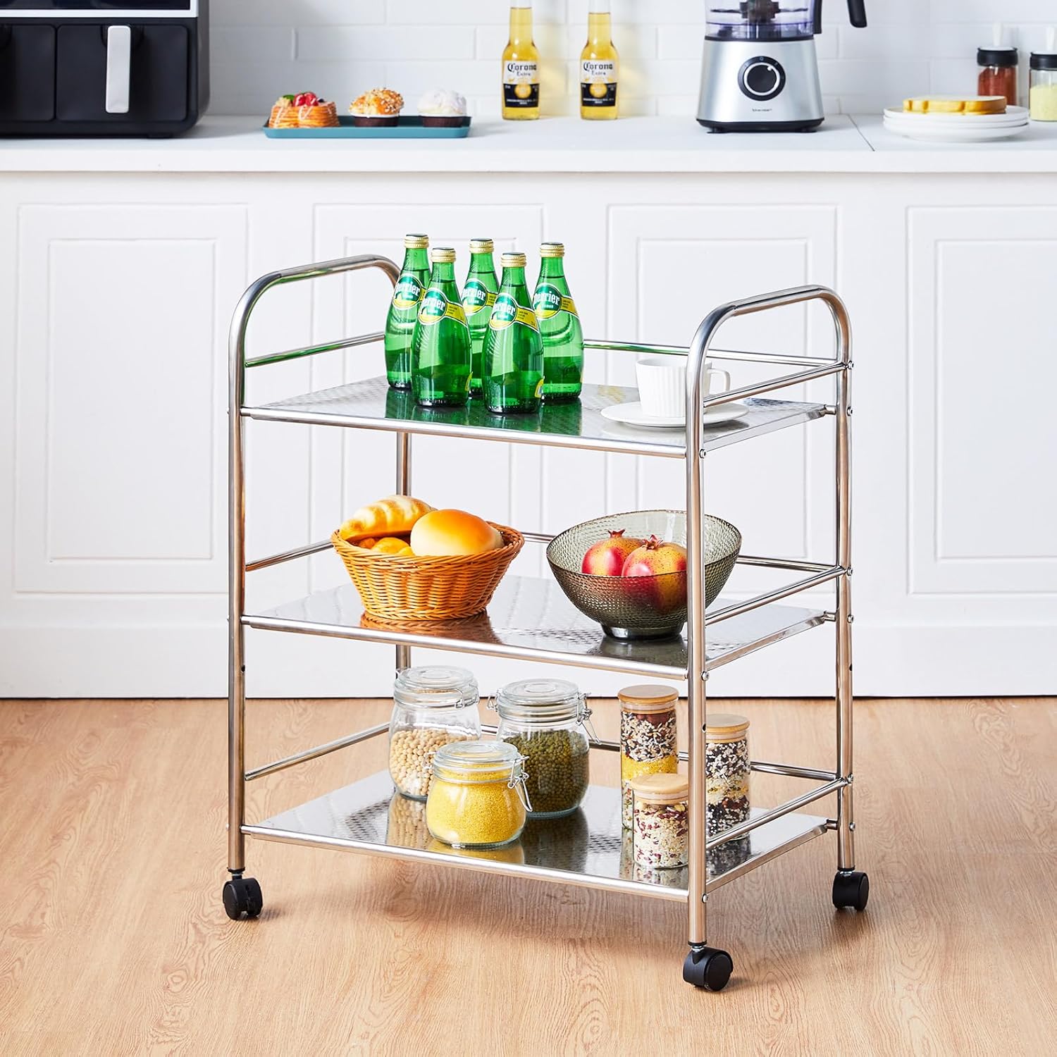 CLIPOP 3 Tier Rolling Bar Cart Stainless Steel Kitchen Island Serving Trolley with Lockable Wheels,Catering Trolley on Wheels for Restaurants Drinks Vegetable Storage Book Medical, 35 x 60 x 75 cm