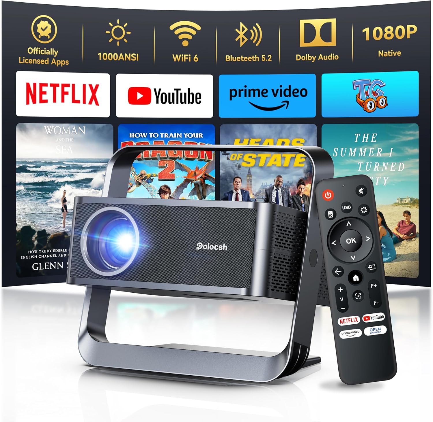 [Native 1080P & Official Licensed Apps] Polocsh 4K Projector with WIFI 6 and Bluetooth, 1000ANSI Smart Projector with Auto Keystone Protable Projectors Home Movie Outdoor Mini Proyector (Steel Gray)