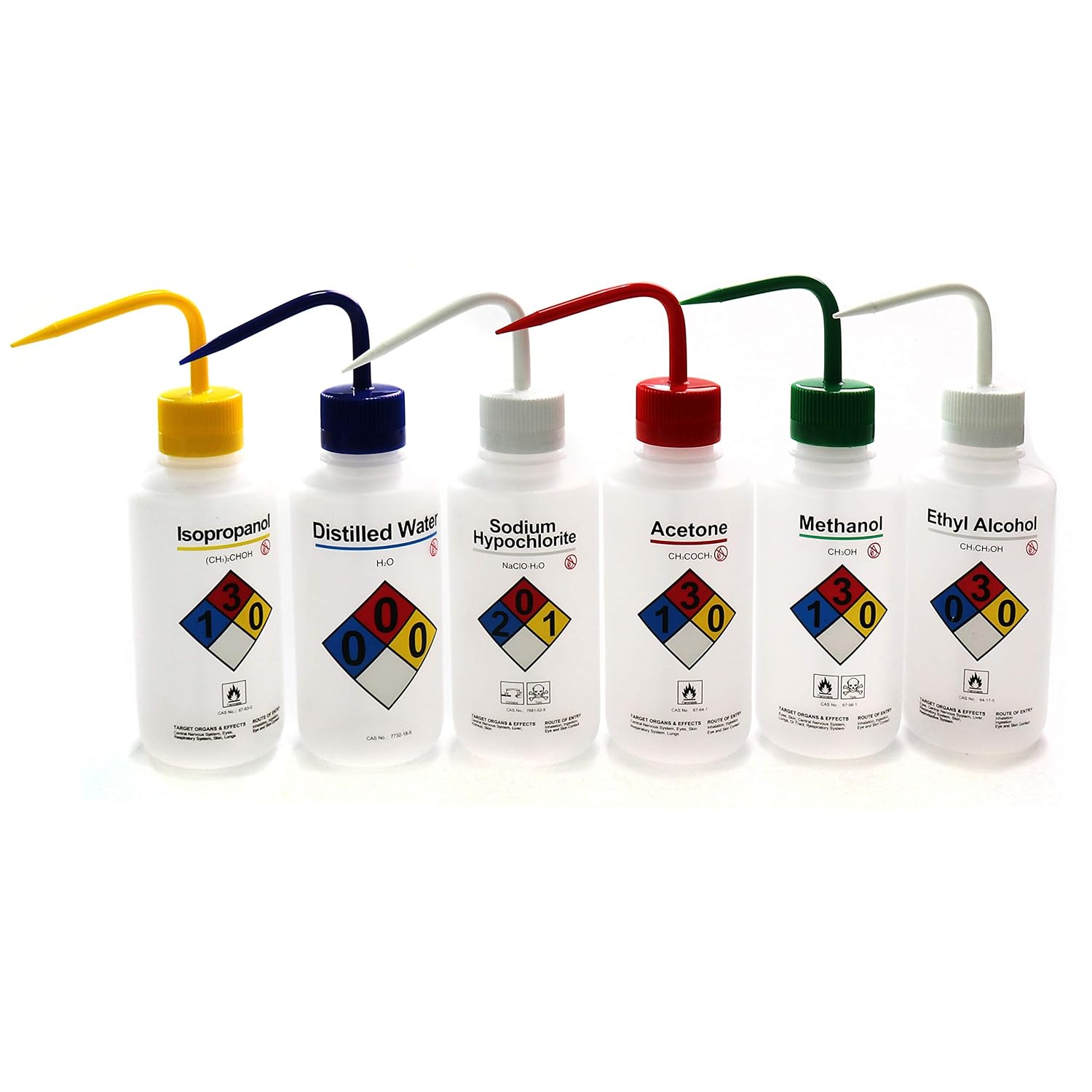 ULAB Scientific Right-to-Know Safety Wash Bottle Set, Acetone, Ethyl Alcohol, Methanol, Isopropanol, Distilled Water, Sodium Hypochloride, Vol.500ml with Draw Tube, UWB1001