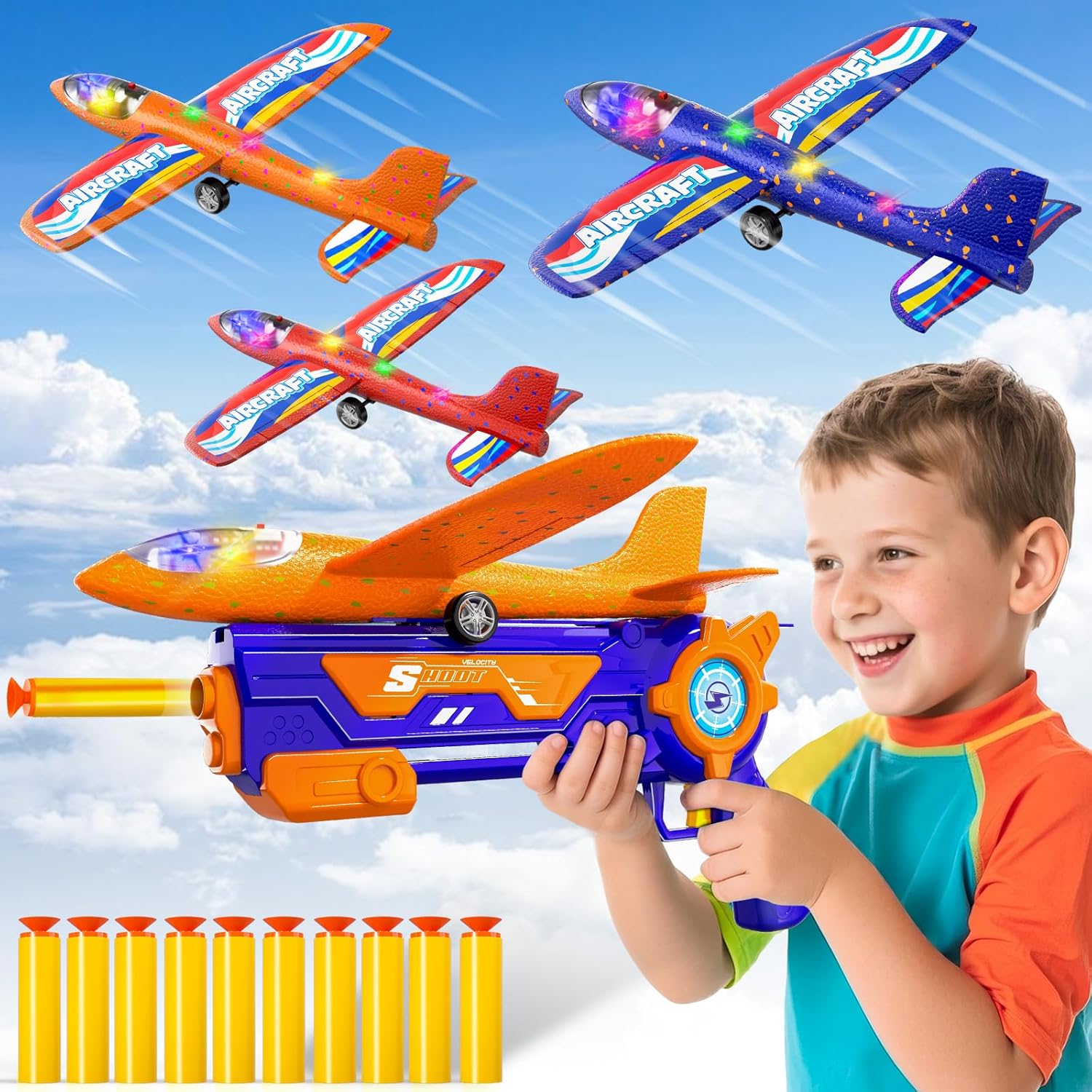 3 Pack Airplane Launcher Toys for Kids 3-8, 2 Flight Modes Foam Plane Glider Catapult Includes 10 Soft Darts, Outdoor Sports Flying Toys for Ages 5-12, Outdoor Toy for Boys Girls