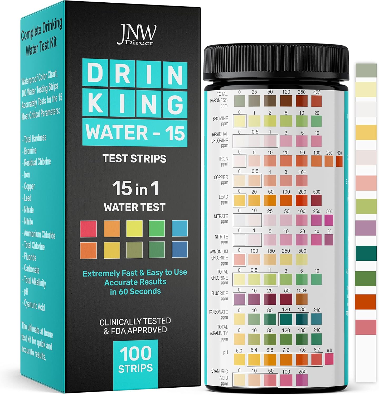 JNW Direct 15-in-1 Drinking Water Test Kit - 100 Strips - Quick & Easy Water Testing Strip for Lead, Alkaline, Chlorine, Hardness, Iron, Fluoride, Copper & More
