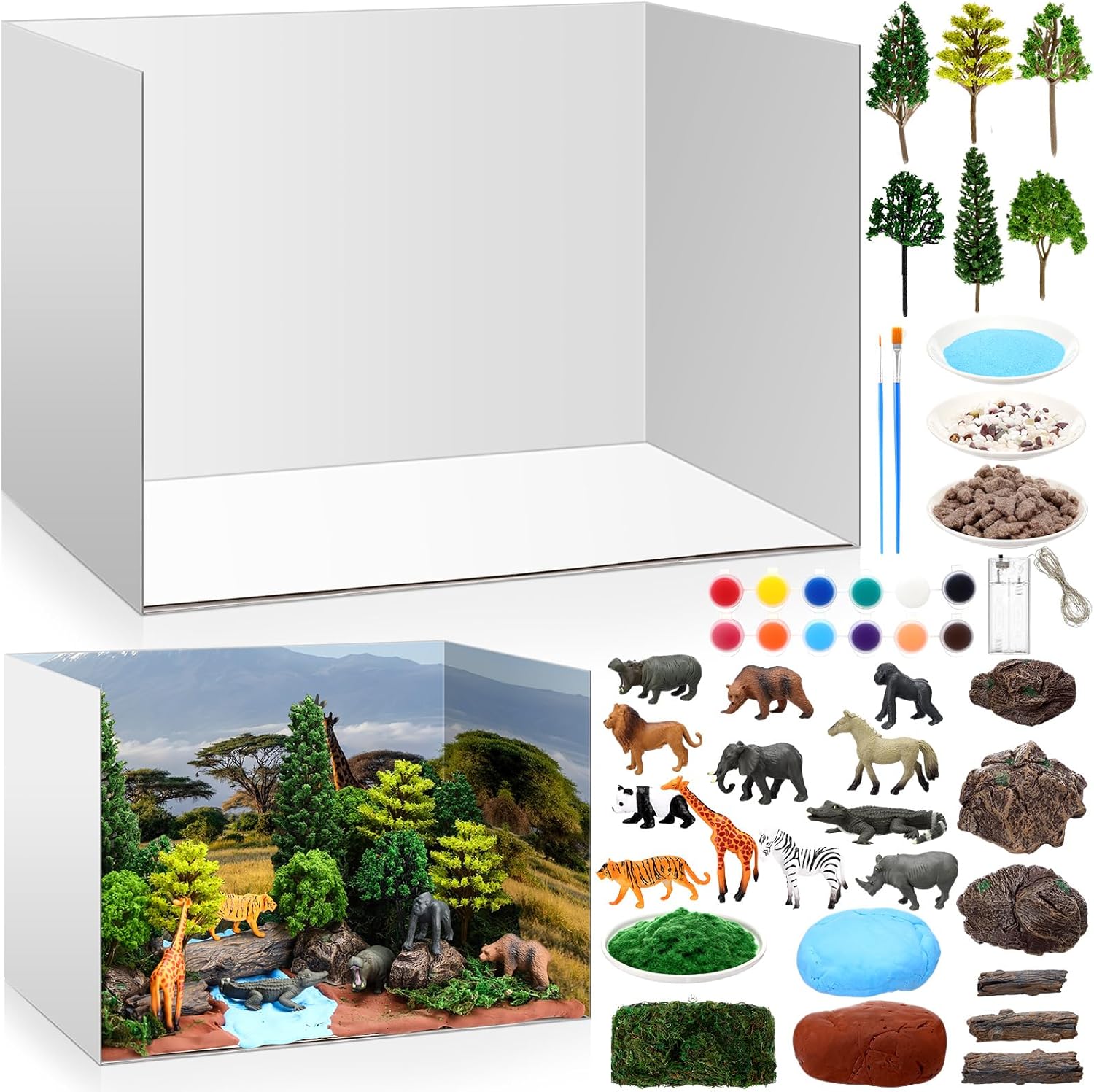 Leinuosen 62 Pcs Diorama Kit Diorama Supplies Include Animals Figures Model Fake Tree Rocks Light Watercolor Painting Set with Gift Box for Birthday Party Favor DIY Crafts(Forest Style)
