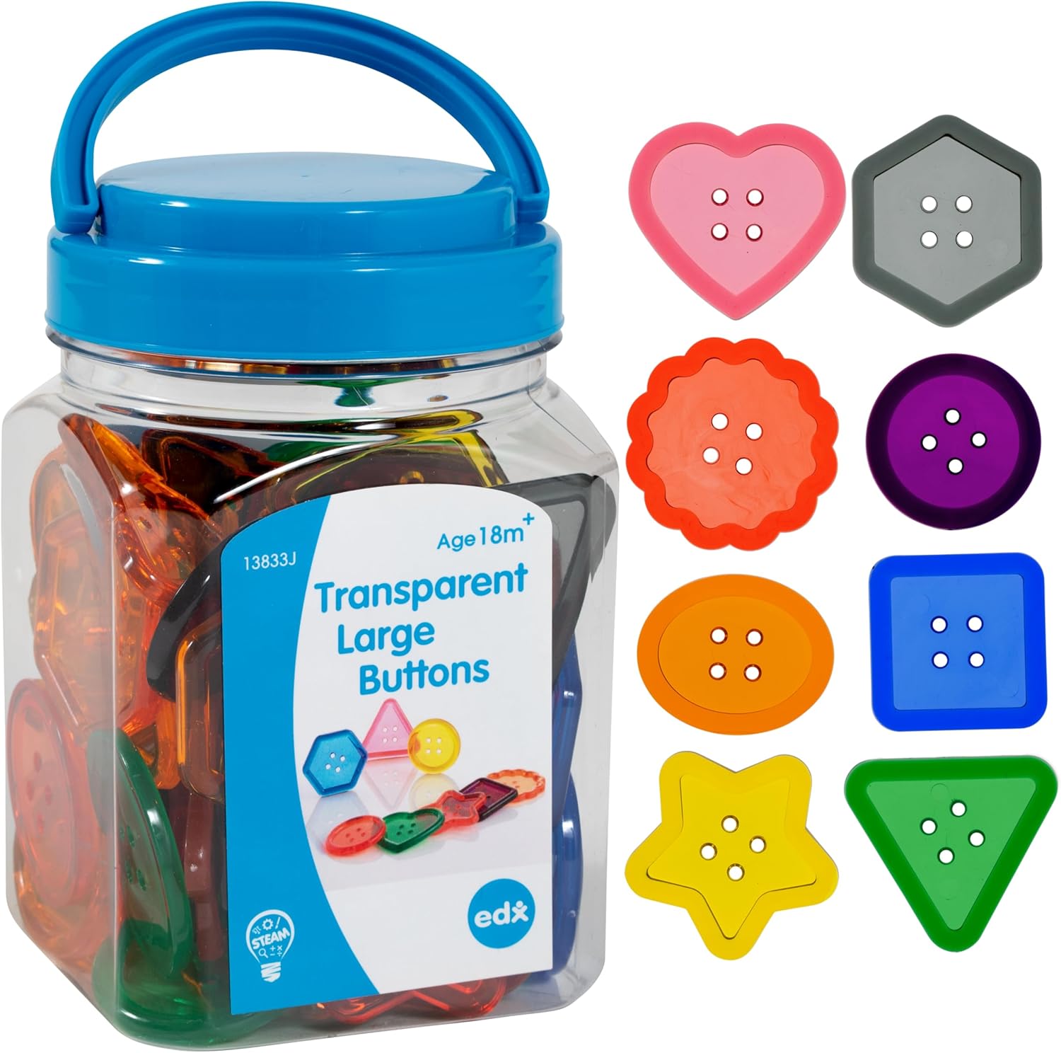 edxeducation Transparent Large Buttons - Mini Jar - Set of 60 - Sensory Toy - Light Panel Accessory - Early Years Resource - Ages 18M+