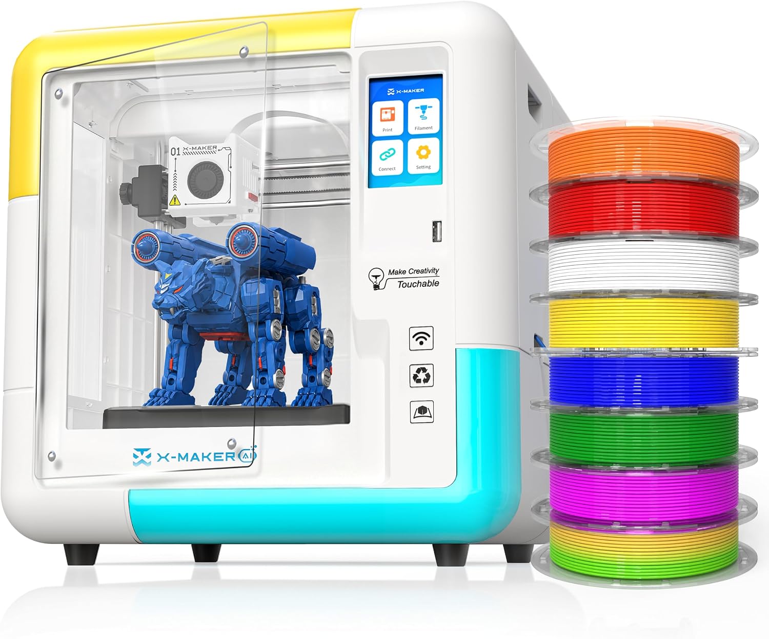 X-Maker AI Kids 3D Printer, Enclosed, Wi-Fi Printing, App Control, Ready to Print, 12,000+ 3D Toy Templates Updated Weekly, 15 3D Design & AI Smart Modules, 8 PLA Filaments, STEM Gift